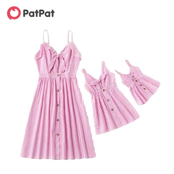 

PatPat 2020 New Summer Mommy and Me Cotton Front-Bowknot Hollow-carved Striped Tank Dresses for Mommy and Me Matching Outfits