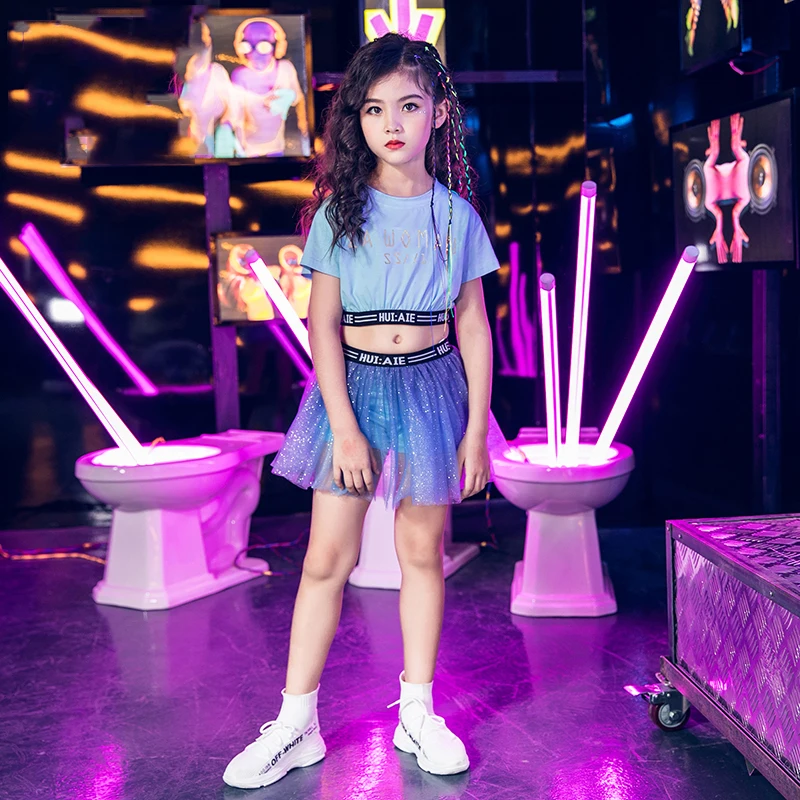 

Girls Jazz Dress Children Street Dance Blue Tutu Skirt Kids Hip Hop Set Performance Stage Costume Catwalk Show Outfit DQL1907