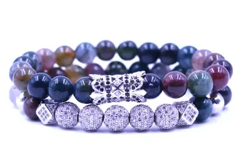 

8mm 2PCS/Set hth2 silver elastic adjusted nature agate bead micro pave cz zircon cubic zirconia tube Bracelet Jewelry