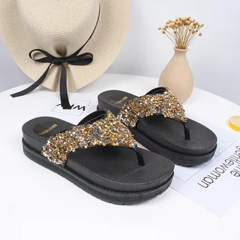 

Soft Wedge Women Summer Shoes Flower Glitter Fashion Slides Green Slippers Sexy Outdoor Ladies Shoes Big Size 43