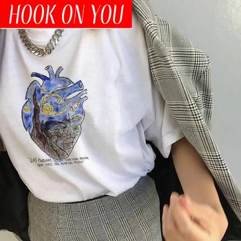 

New Women heart Van Gogh Art Oil print Lattice Print T-Shirt Cute Plus Size Female Casual Harajuku Retro Camisetas Mujer T-shirt