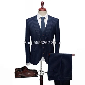 

Autumn Stripes Suit Suit Three-piece Set Men Marriage Groom Slim Fit Suit Suit Male