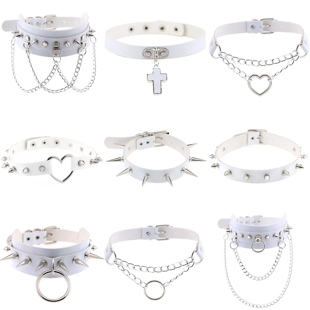 Best Price Unusual Necklace Jewelry-Accessories Collier Metal Chain Leather Chokers Goth White Women lbQKMzndajd