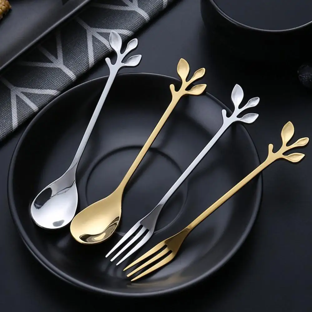 

Stainless Steel Coffee Spoon Teaspoon Creative Leaf Shaped Small Spoon & Fork Coffee Stirring Spoon Ice Cream Dessert Spoons