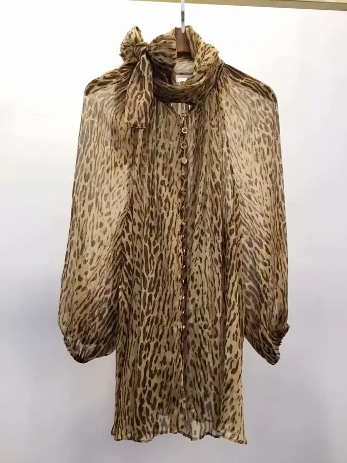 10.6 Silk Women's New Leopard Sexy Silk Vintage Long sleeve Lacing Bow Tie Loose Buttoned Shirt