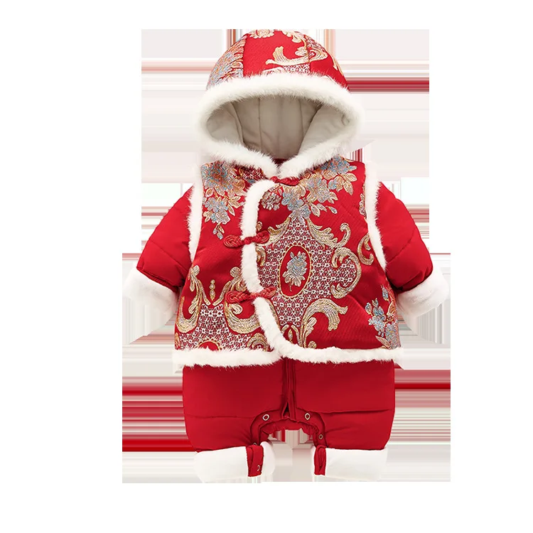 red Новогодняя одежда Зимний комбинезон для новорожденных от 0 до 1 года, Детская Хлопковая одежда с вышивкой в китайском стиле Одежда, плотная Толстовка для девочек - Цвет: red