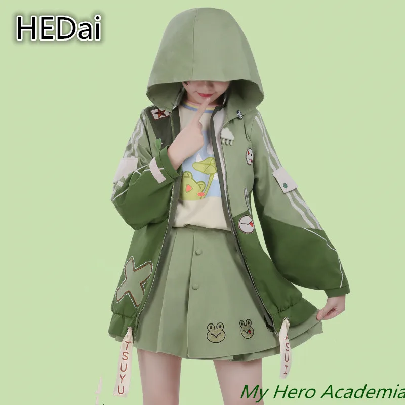 

Anime Cos My Hero Academia Asui Tsuyu Lovely Little Dinosaur Cosplay Costume+Wig Daily Coat Hooded Sweatshirt Woman Dress Skirt