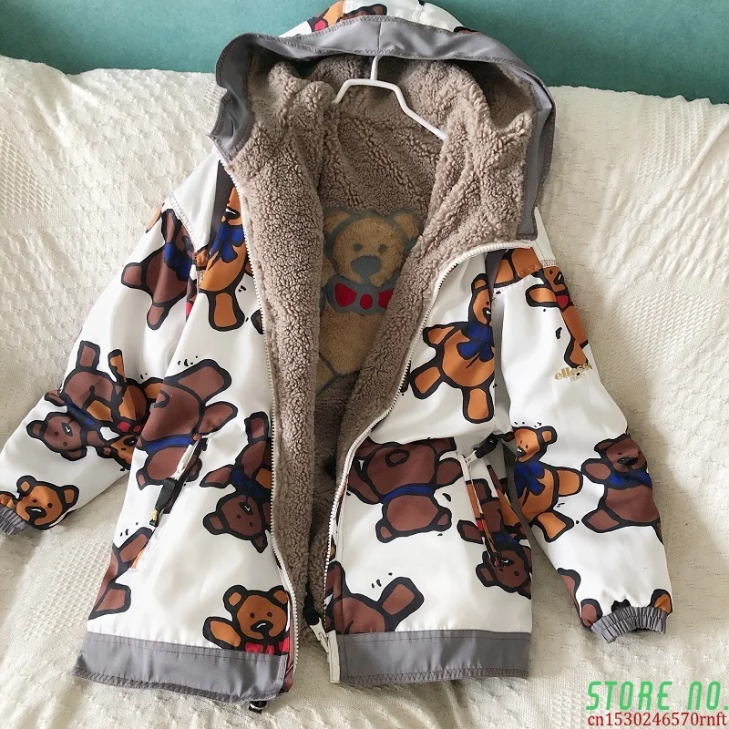 Double-sided Women's Jacket Cartoon Print Woman Parkas Padded Jacket Hooded Warm Winter Japanese Lambswool Coat