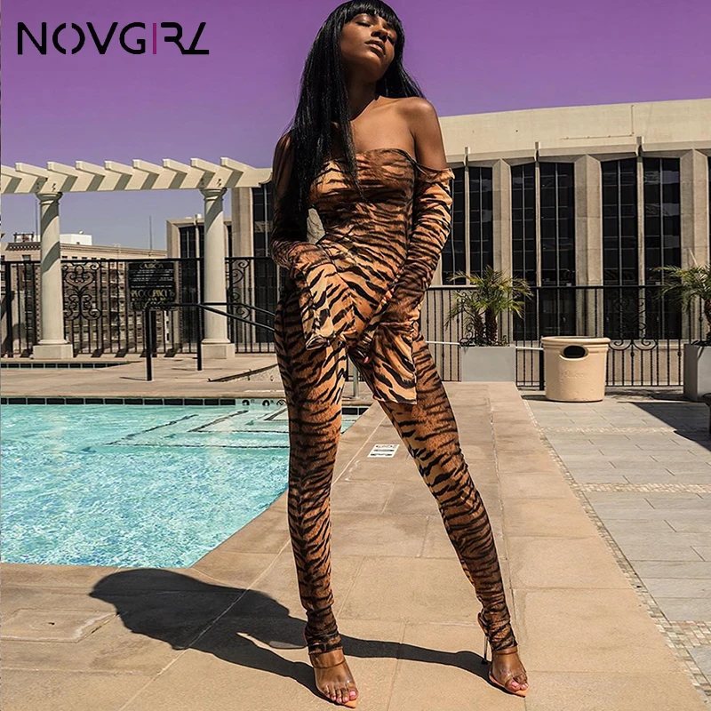 

Novgirl Off Shoulder Flare Sleeve Mesh Sexy Jumpsuit Women Tiger Leopard Print Fitness Rompers Club Party Fashion Overalls 2019