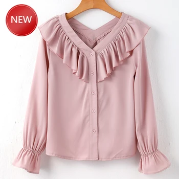 

Women New Korean Street Long Sleeve V Neck Blouse All-match Ruffle Chiffon Shirt White Pink S-XXL Fashion Elegant Ladies Blouses