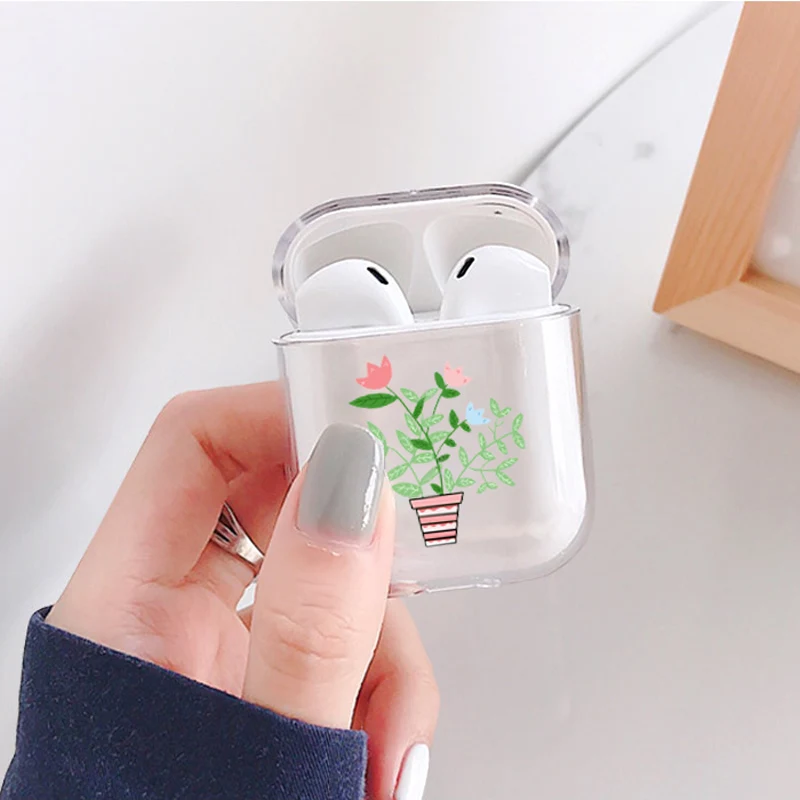 

Cartoon Cute Headphone Case For Apple airpods Case Luxury Green Pot Plant Air Pods Case For Airpods 2 Transparent Hard Cover