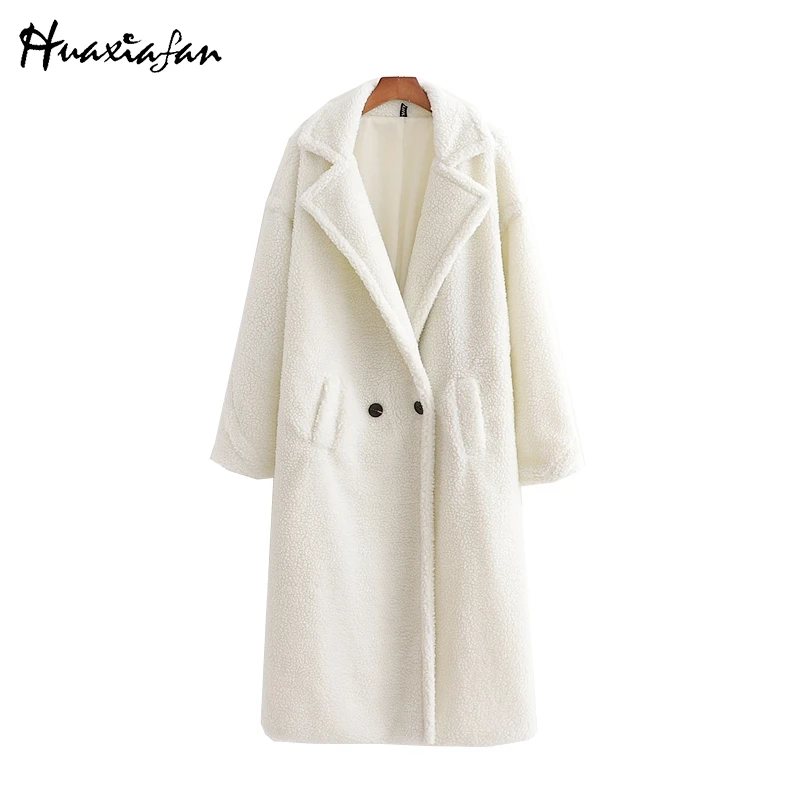 Huaxiafan lamb fur coat women warm jackets button solid female white outdoor wears 2019 winter oversize coats long jacket | Женская