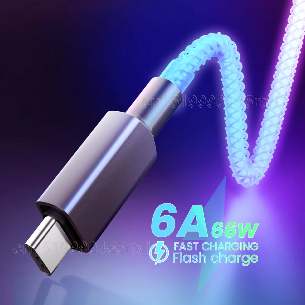 Кабель USB Type-C 6 А 66 Вт C кабель для быстрой зарядки Huawei Pro 40 RGB-кабель передачи данных