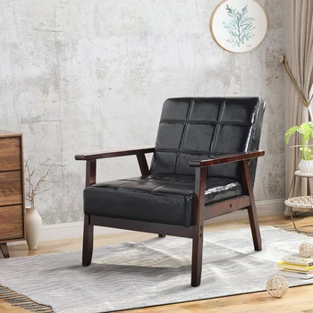 

Lounge Chair Scandinavian Leather Armchair Solid Oak Wood Legs Backrest Single Sofa Blac Living Room For Bedroom Balcony Salon