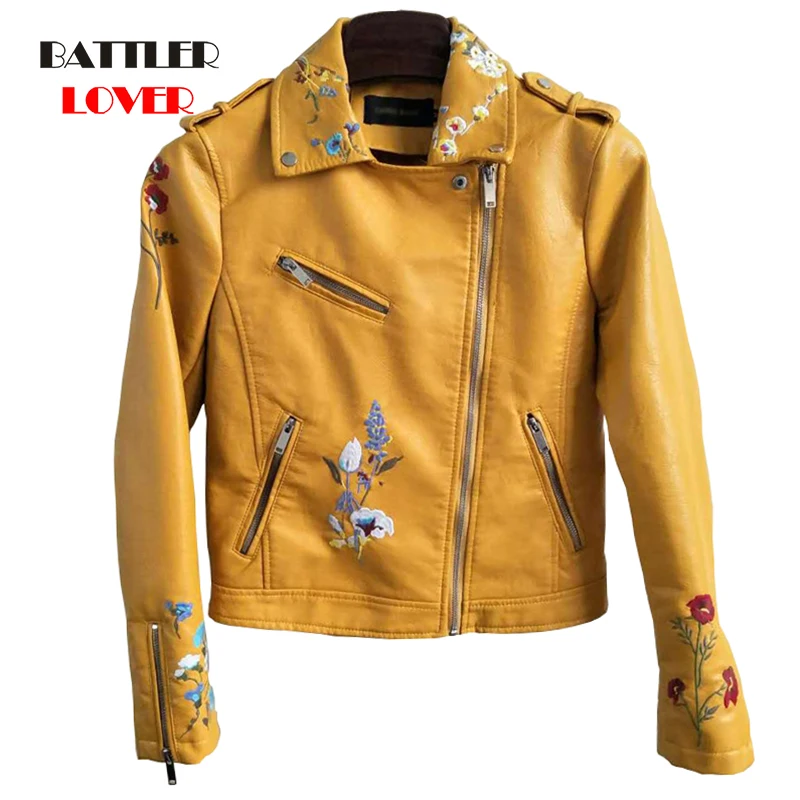 Women Floral Print Embroidery Soft Split Leather Jacket Coat Turn-down Collar Casual Motorcycle Black Punk Outerwear Streetwear