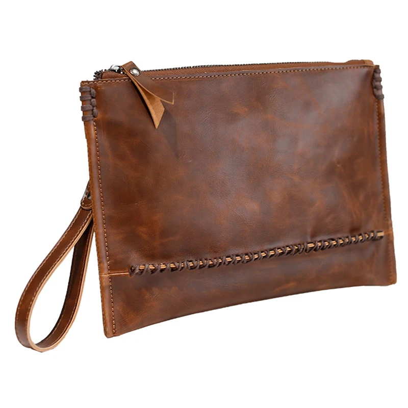 

ABZC-Vintage Crazy Horse Leather Men Envelope Clutch Bags Business Men Clutch Bags Large Capacity Bag