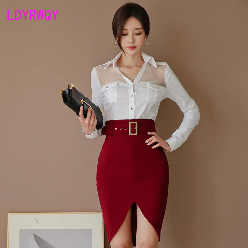 

2019 Korean temperament lapel shirt + belt high waist waist skirt suit Turn-down Collar Button Fly Single Button Office Lady