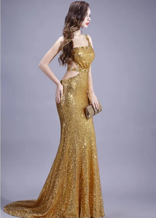 Сексуальная Открытая спина vestido de festa золото блестками Русалка вечернее платье на одно плечо Кристалл