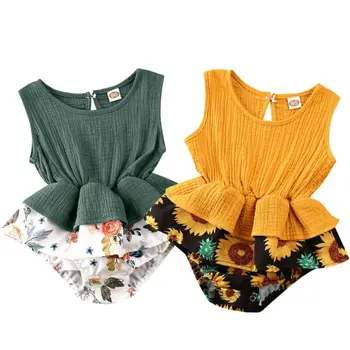 

2020 Baby Girl Floral Tutu Romper Newborn Infant kids sleeveless flower print Ruffle Jumpsuit green yellow Outfits Clothes