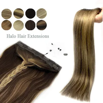 

Straight Fish line Hair Extensions Halo Hair Extensions Invisible Remy Human Hair Extensions Balayage Ombre Blonde Golden Color