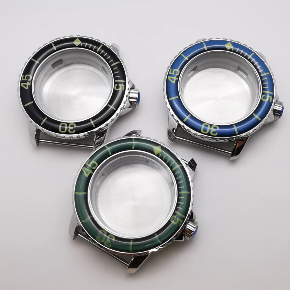 45mm Mens Watch Case Blue Black Green Rotating Bezel 316 SS Fit NH35