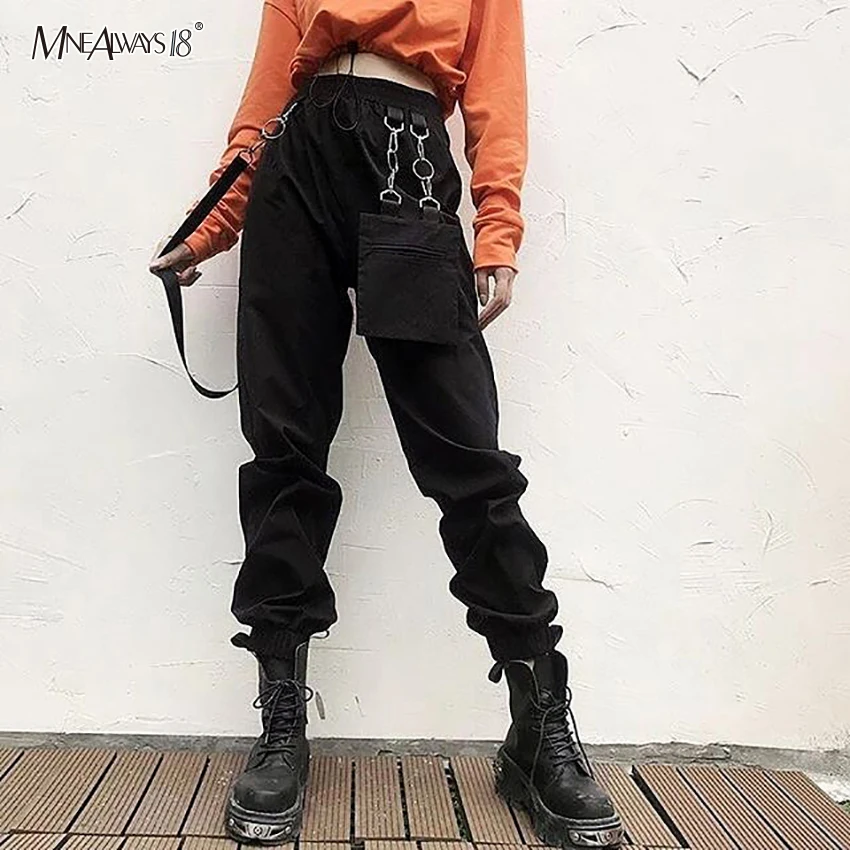 Mnealways18 черные зимние брюки карго уличная лента Высокая талия брюки карманы повседневные брюки женские красные свободные джоггеры Новинка
