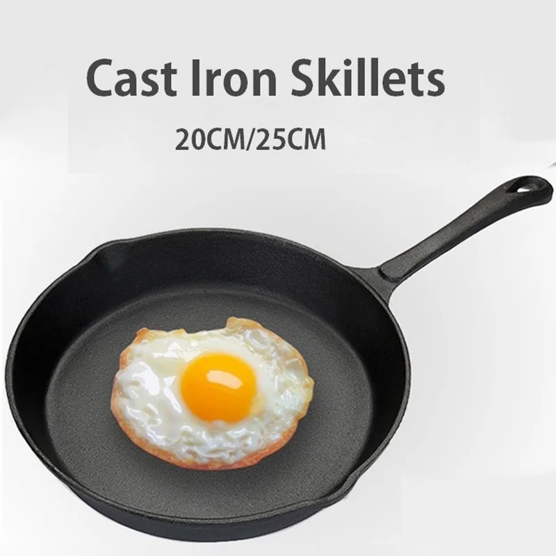 

20CM/25CM Uncoated Cast Iron Skillets Omelette Steak Frying Pan Non-stick Pancake Griddles Kitchen Cooking Soup Pot Long Handle