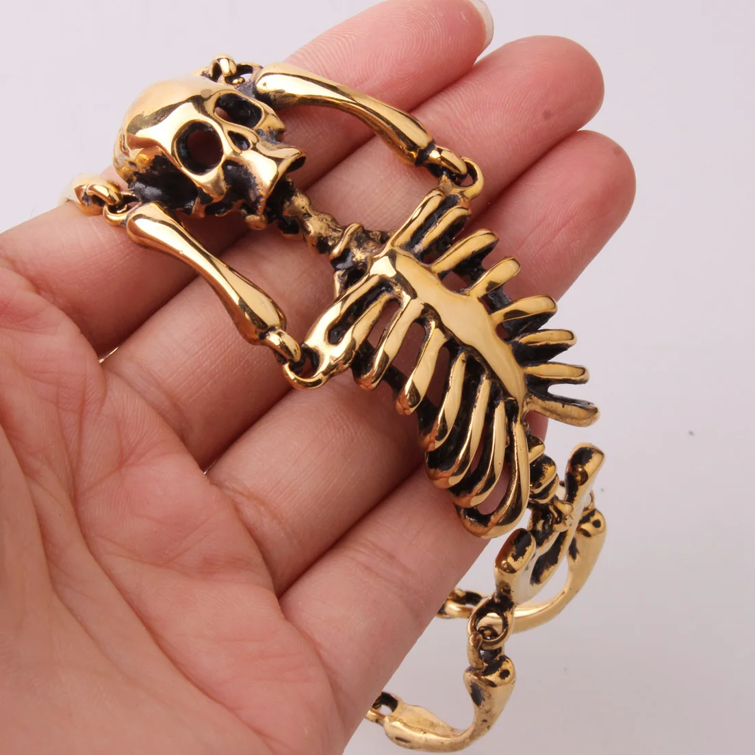 

Cool Skull Bracelet Big Skeleton Bones Statement Punk Jewelry Gold Color Stainless Steel Halloween Gift Gothic Bracelets Men