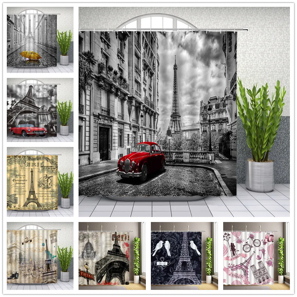 

Paris Tower Shower Curtains Bathroom Curtain Car Street Dark Clouds Prints Bath Screen with Hooks Home Decor Waterproof Fabric