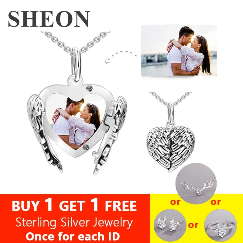 

SHEON Angel Wings Personalized Engraved Photo Locket Necklace For Women 925 Sterling Silver Custom Necklaces & Pendants Jewelry