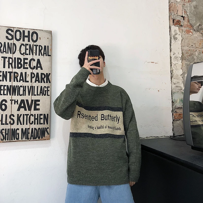 Winter New Sweater Men Warm Fashion Letters Contrast Color Casual O-neck Sweater Pullover Street Wild Loose Long-sleeved Sweater Winter New Sweater Men Warm Fashion Letters Contrast Color Casual O-neck Sweater Pullover Street Wild Loose Long-sleeved Sweater