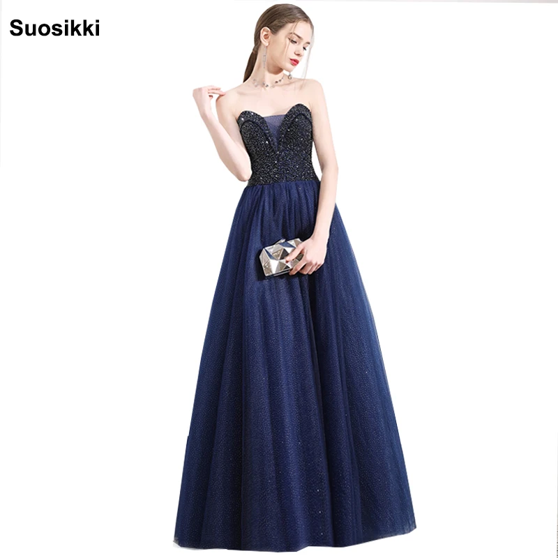 Navy Blue Платье для выпускного вечера Suosikki Бисероплетение ТРАПЕЦИЕВИДНОЕ длинное вечернее платье Элегантное vestido de festa Быстрая без бретелек из тюля платье для выпускного вечера - Цвет: Navy Blue