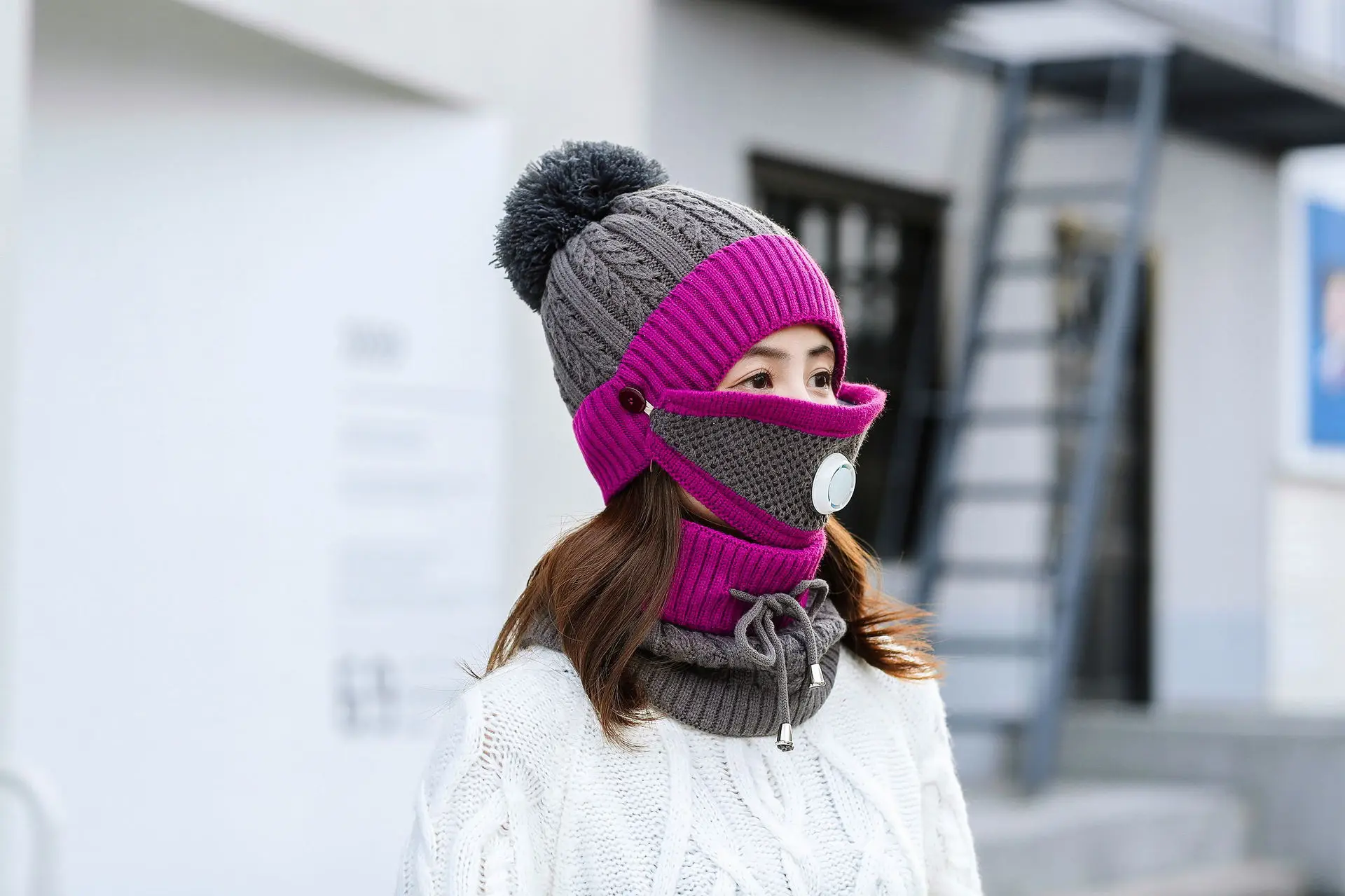 Зимние женские шапки, 3 шт., теплые шапки бини, шапки Skullies с маской, воротник, нагрудник, женские толстые, анти-смоговые, вязаные шапки, Прямая поставка