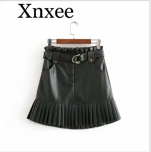 Сексуальные шикарные женские юбки из искусственной кожи с поясом, плиссированные юбки с высокой талией, повседневные уличные вечерние мини-юбки черного цвета