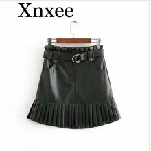 Сексуальные шикарные женские юбки из искусственной кожи с поясом, плиссированные юбки с высокой талией, повседневные уличные вечерние мини-юбки черного цвета
