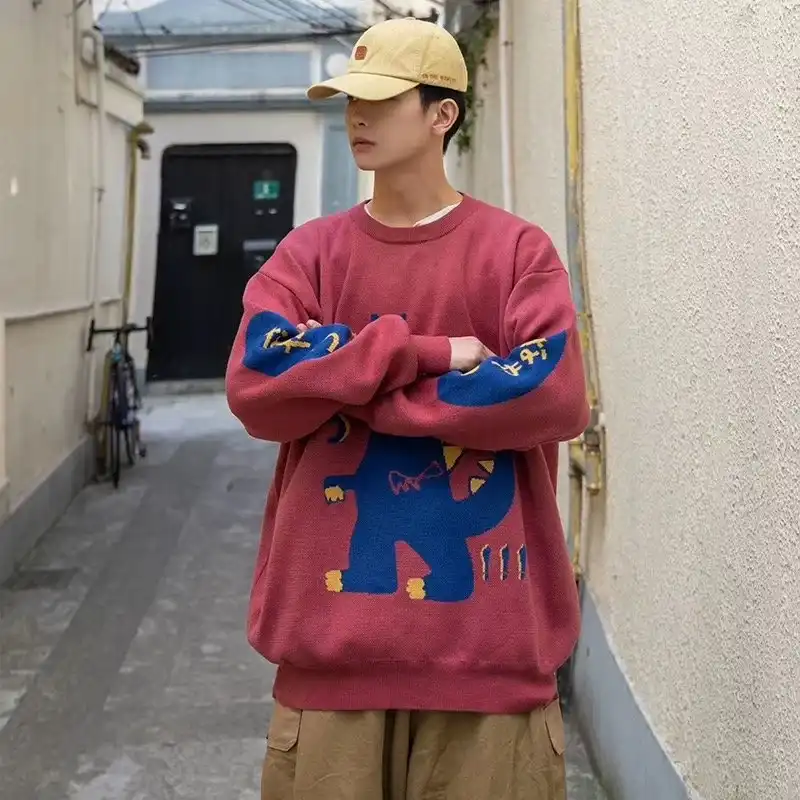 男性ヒップホップセータープルオーバーストリート日本恐竜プリントニットセーターレトロヴィンテージ秋のヒップホップセータージャンパー プルオーバー Aliexpress