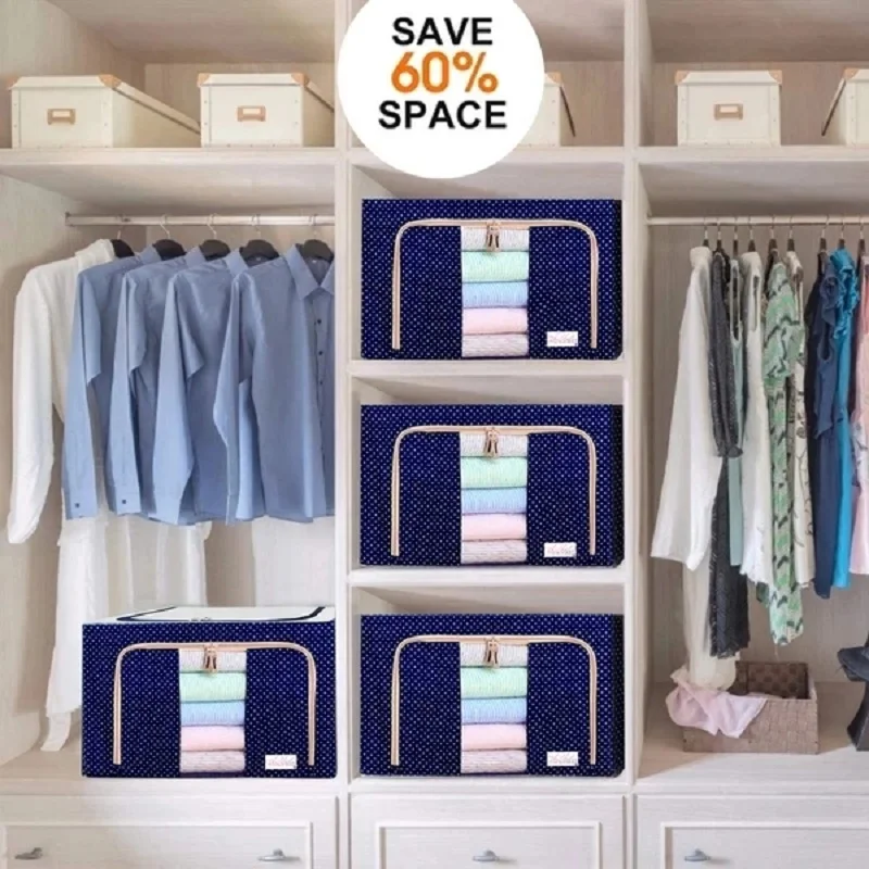 Oxford Fabric Clothing Storage Box with Steel Frame Folding Bag Clear Window Zipper for Clothes Bed Sheets Blanket with Handles 4