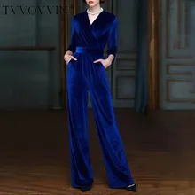 TVVOVVIN велюровый женский комбинезон с v-образным вырезом и рукавом на запястье, высокая талия, бандажный женский комбинезон, элегантный, осенняя одежда E172