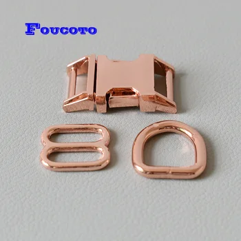 

10 sets rose gold metal release buckles D rings adjustable buckle slider hardware 15mm webbing for dog collar sewing accessories