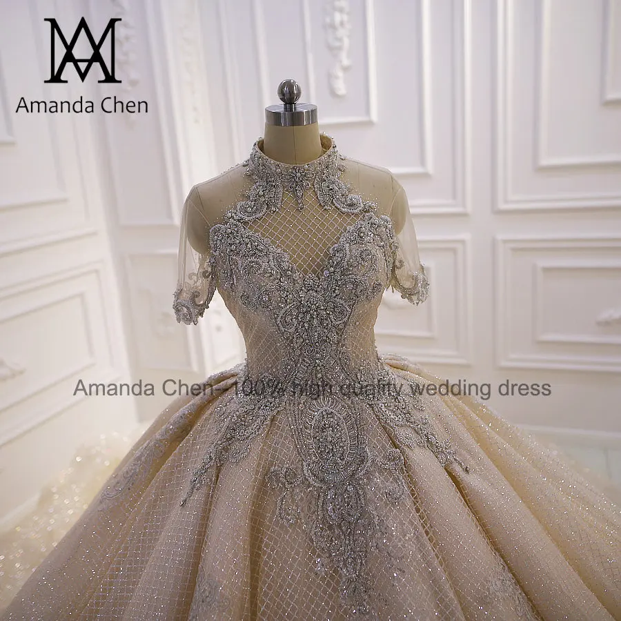 Robe mariee с высоким воротом и короткими рукавами кружевное свадебное платье с аппликацией цвета шампанского