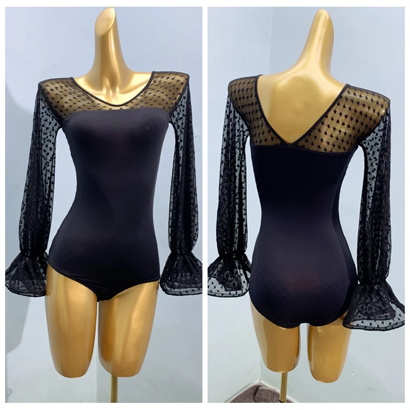 

Sexy Women ballroom Dance Tops Shirts Long-Sleeved Clothes Flamenco Blouses Standard Modern Practise Dancewear Black V top