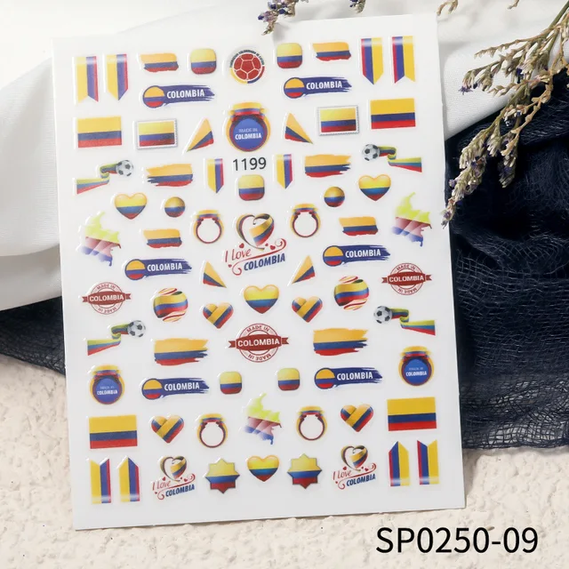 Fashion Adhesive World Cup Football Nail Decal Brazil Argentina Flag Nail Art Sticker 3D Manicure Decoration Accessories7.8x10cm SP0250-09