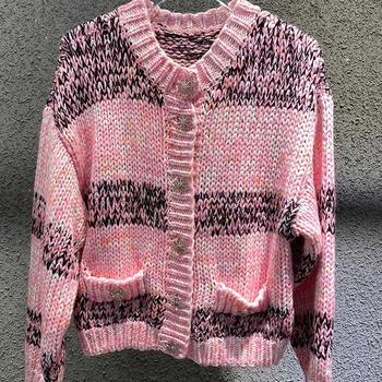 

Casual Striped Cardigan For Women Spring Fall O-neck Casual Long Sleeve Sweater Cardigan Fashion Knitted Cardigan Coat