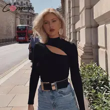Conmoto, женская мода, сексуальная, открытая, черная футболка, женская,, осень, зима, длинный рукав, эластичный, вязанный Топ, водолазка, джемпер