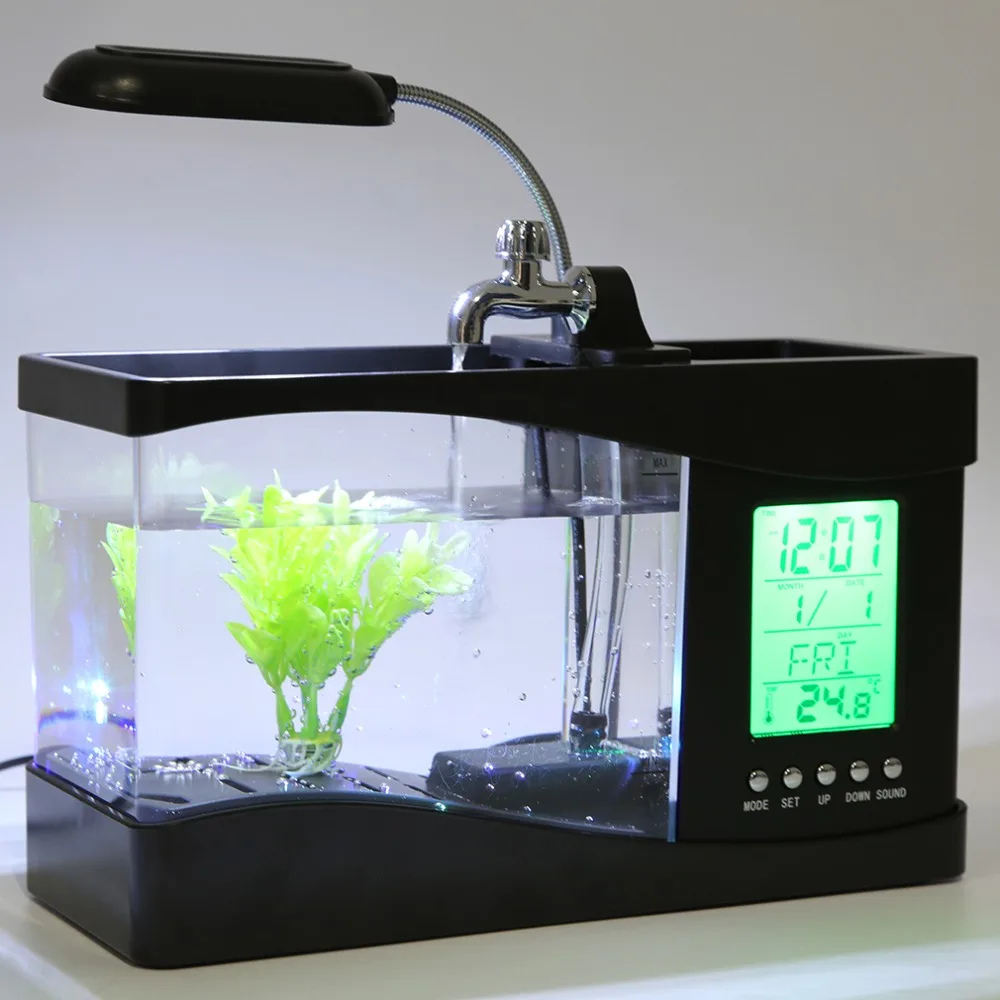 2018 New Arrival Popular New USB Desktop Mini Fish Tank Aquarium LCD Timer Clock LED Lamp Light Black