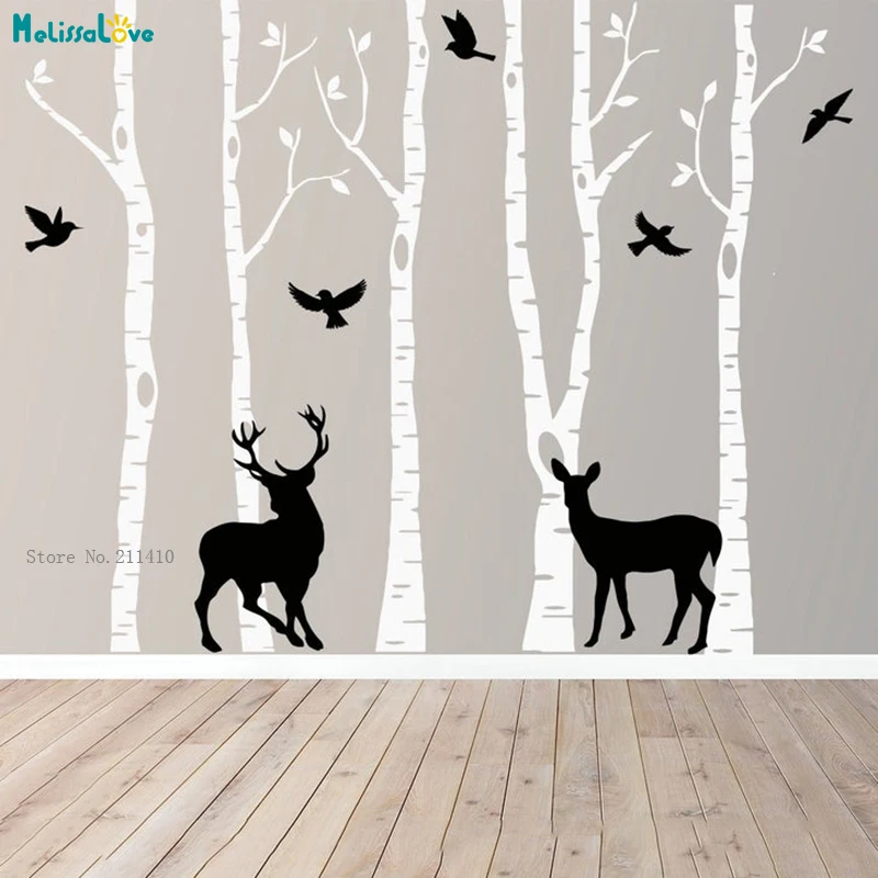 

Forest Trees Wall Stickers Bird And Deer Decal Home Decor Kids Baby Room Nursery Custom Colors Removable Vinyl Art Murals YT4520