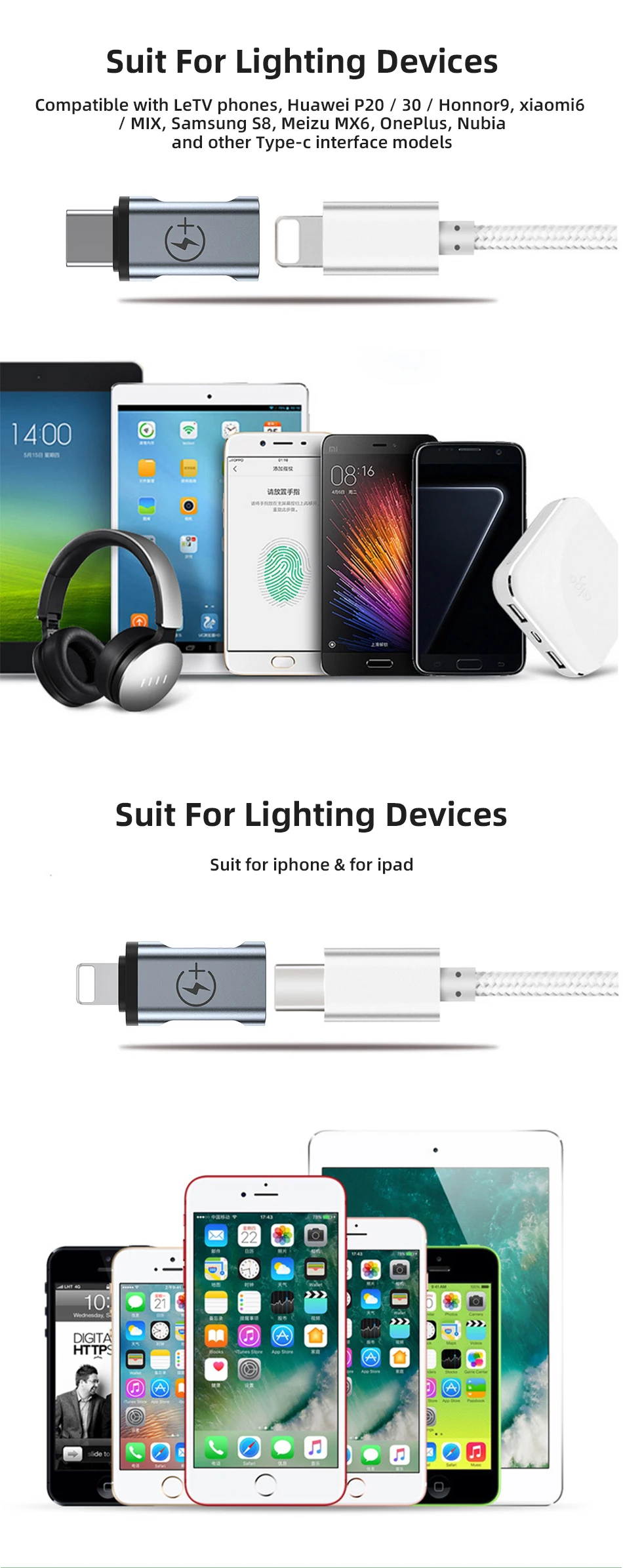 !ACCEZZ OTG Phone Adapter Lighting Male To Type-C Cable For iphone XS USB C To lighting Connector For Huawei P30 Cable Converter phone adapters & converters