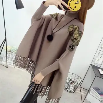 

Women 2020 New Autumn Winter Casual Loose Tassel Knitted Sweaters Female Shawl Turtleneck batwing Sleeve Thick Poncho Capes T239