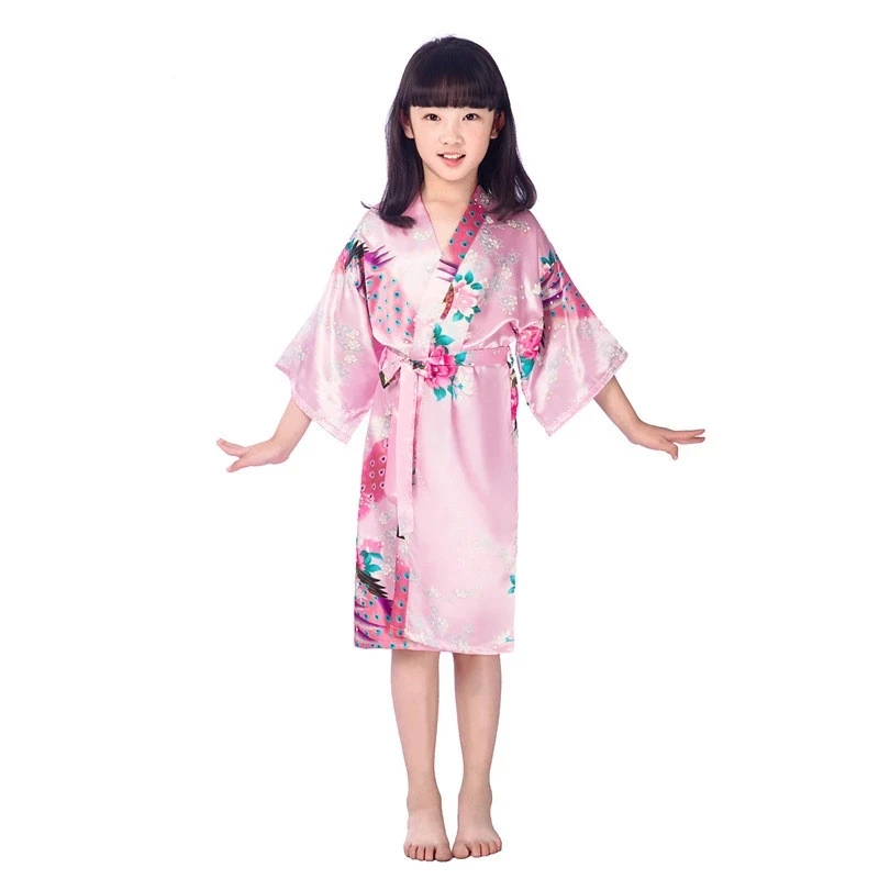 Link Children Bathrobes Kids Sleepwear Clothing Girls Stain Silk Kimono Peacock Flower Robe For Spa Wedding Birthday