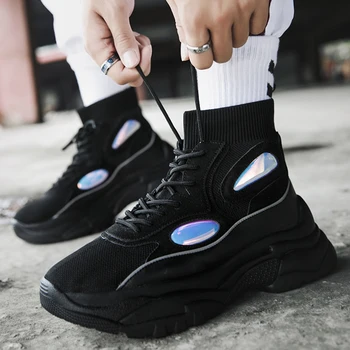 

High Top Sneakers Men Shoes Glitter Stretch Sock Shoes Men Unisex Dad Chunky Black White Sneakers Height Increasing